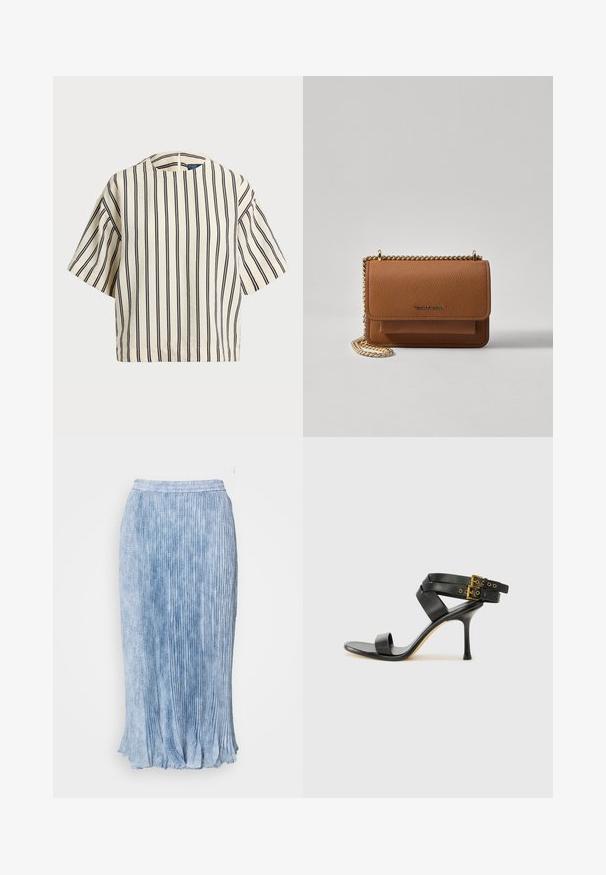 T-skjorte med korte ermer, stripet i kremfarge og marineblå, med rund hals og en boxy design i en strukturert stoff.; Lys blå, plissert maxiskjørt med teksturert stoff, elastisk midjebånd og en vid skjæring nederst. Har vertikale linjer og en myk finish.; Svarte hælsandaler med kryssende stropper og justerbar spenne. Har en jevn tekstur og avsmalnende stilettoklakk.; Brun teksturert lær crossover-veske med gullkjede-stropp og klaffelukking. Fronten har logo-detalj og en lomme under klaffen.