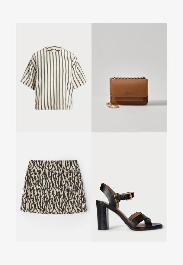 Kreemjas ja tumesinises triibuline lühikeste varrukatega top, millel on ümmargune kaelus ja kastmine disain, valmistatud tekstuurses kangas.; Lühike seelik musta ja beeži abstraktse mustriga, kus on kaks eesmist taskut, mis on ääristatud musta õmblusega. Puuvillasegu kangas.; Mustad nahast kontsasaapad, millel on ristuv rihma disain ja klamber. Omab paksemat kontsa ja siledat tekstuuri.; Pruun tekstureeritud nahk ristkeha kott kuldse ahelaga rihmaga ja klapiga sulgemine. Esiküljel on logo detail ja tasku klapi all.
