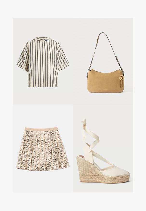 Krátky rukáv, pruhovaný top v krémovej a námorníckej modrej farbe, s okrúhlym výstrihom a štvorcovým strihom z texturovanej tkaniny.; Záhybová sukňa vyrobená z béžovej látky s opakujúcim sa čiernym vzorom. Má jemný pás a mierne rozšírený strih.; Béžová espadrilová sandála na klinovom podpätku s prekríženými plátennými popruhmi a tkanou jute podrážkou, so zaoblenou špičkou a textúrovaným povrchom.; Kozmetická taška z pieskového semišu s zakriveným tvarom, zlatými kovovými doplnkami a zipsovým uzáverom. Obsahuje pripojený prívesok s iniciálkami "MK".