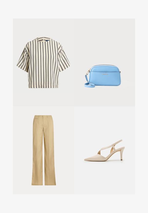 Short-sleeve, striped top in cream and navy, featuring a round neckline and boxy design with a textured fabric.; Beige wide-leg pants made of smooth cotton, featuring a classic waistband and back pocket, with a straight cut and minimal detailing.; Beige slingback heels with a pointed toe design. Made of smooth material, featuring a slender heel and cross-strap detail for secure fit.; Light blue leather crossbody bag with gold-tone hardware, zip closure, and a front pocket. Features an adjustable strap for convenience.