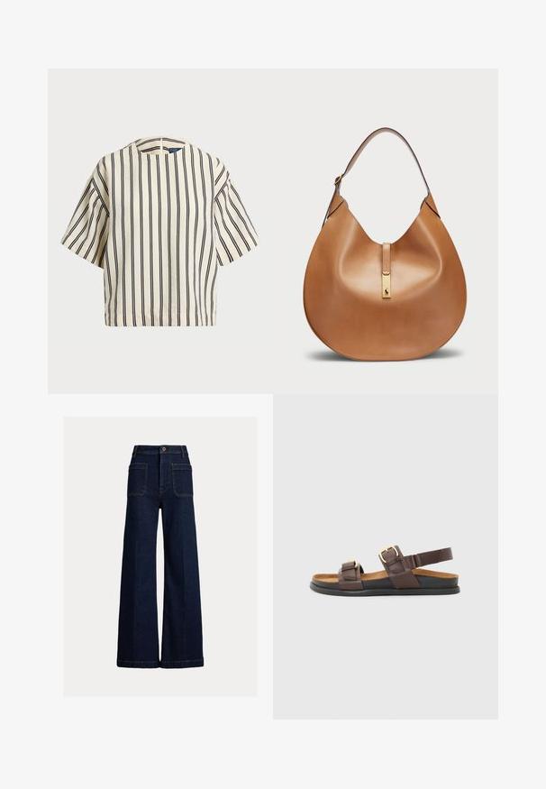 Lyhythihainen, raidallinen paita kirkas- ja tummansinisen sävyissä, jossa on pyöreä pääntie ja laatikkomainen muotoilu tekstuuritetussa kankaassa.; Lehterit vöru jeans në një dritë të errët, me një brez të lartë, dy xhepa përpara dhe dy xhepa prapa me mbyllje butoni.; Ruske nahkaste sandale s двумя регулируемыми ремешками с металлическими пряжками, мягкой стелькой и гибкой черной резиновой подошвой.; Tan nahkalaukku, jossa on kaareva muoto ja leveä olkahihna. Keskellä on kultainen metallikoriste ja pinta on sileä.