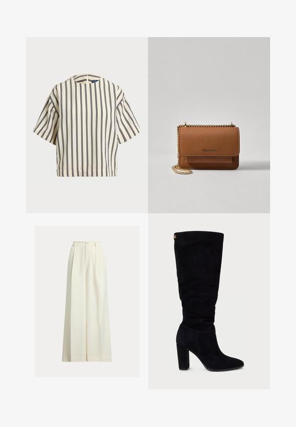 Short-sleeve, striped top in cream and navy, featuring a round neckline and boxy design with a textured fabric.; Cream wide-leg trousers made from smooth fabric, featuring a high waist, two front pleats, and a single button closure.; Black suede knee-high boot with a chunky heel, pointed toe, and gathered texture at the top. Features a gold accent on the side.; Brown textured leather crossbody bag with gold chain strap and flap closure. Front features logo detail and a pocket under the flap.