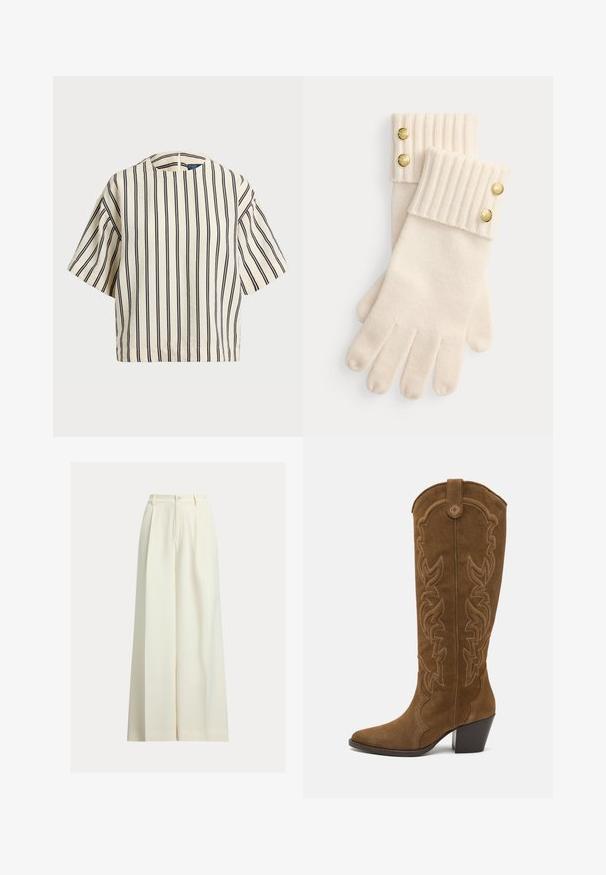 Krátký rukáv, pruhované tričko ve krémové a námořnické barvě, s kulatým výstřihem a širokým střihem z texturovaného materiálu.; Krémsvětlé kalhoty s širokými nohavicemi z hladké látky, s vysokým pasem, dvěma předními záhyby a jediným zapínáním na knoflík.; Hnědé semišové kozačky do půli stehna s尖尖 špičkou, podpatkem a dekorativním západním stylem vyšitím podél hřídele.; Krémové vlněné rukavice s žebrovanými manžetami, na vrcholu každé manžety se nacházejí dvě ozdobné zlaté knoflíky. Měkká textura s otvory pro prsty.
