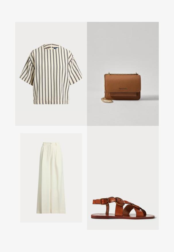 T-skjorte med korte ermer, stripet i kremfarge og marineblå, med rund hals og en boxy design i en strukturert stoff.; Kremfargede vide bukser laget av glatt stoff, med høy midje, to folder foran og enkel knapping.; Brune lær sandal med horisontale og cirkulære remdesign, flad sål og en metallisk spændeaccent, der viser en glat tekstur.; Brun teksturert lær crossover-veske med gullkjede-stropp og klaffelukking. Fronten har logo-detalj og en lomme under klaffen.