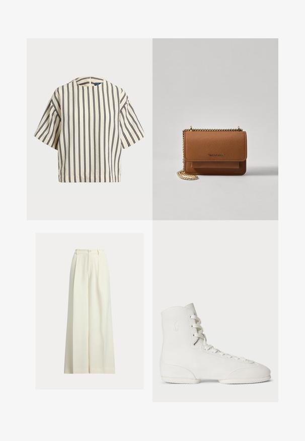Top de manga curta, riscado em creme e azul marinho, com decote redondo e design boxy em tecido texturizado.; Calças creme de perna larga feitas de tecido macio, com cintura alta, dois pregas frontais e um fecho de um botão.; Polo Ralph Lauren THE HIGH TOP PONY BALLERINA SNEAKER - Sapatilhas de cano alto - white; Bolsa crossbody de couro texturizado castanho com alça de corrente dourada e fecho com aba. A parte da frente apresenta detalhe do logótipo e um bolso sob a aba.