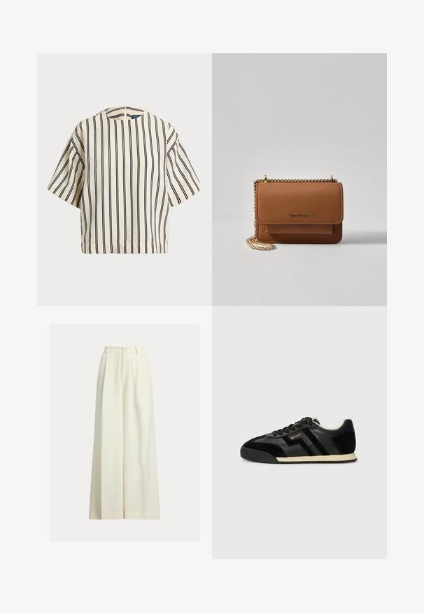 Korte mouwen, gestreepte top in crème en marineblauw, met een ronde halslijn en een boxy ontwerp van een textuurstof.; Crèmekleurige broek met wijde pijpen gemaakt van gladde stof, met een hoge taille, twee plooien aan de voorkant en een enkele knoopsluiting.; GANT BEYLANA - Sneakers laag - black; Bruine lederen schoudertas met textuur, voorzien van een gouden kettingstrap en klepsluiting. De voorkant heeft een logo-detail en een zak onder de klep.