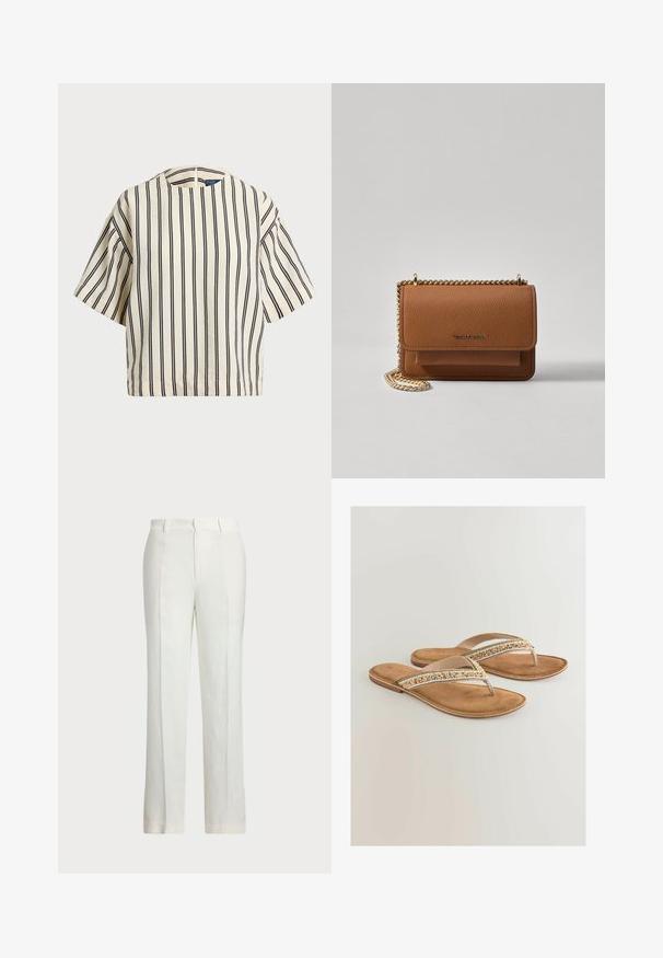 Kortärmad randig topp i krämfärgad och marinblå, med rund halsringning och fyrkantig design i en texturerad tyg.; Vita linbyxor med rak bendesign, med flat front, två sidofickor och subtilt texturerad tyg.; Tan flip-flop sandaler med stoppad sula, prydda med flätade beige, vita och gyllene accenter på remmen för extra detaljer.; Brun texturerad läder crossbody-väska med guldkedja och klaffstängning. Framsidan har logotypdetalj och en ficka under klaffen.