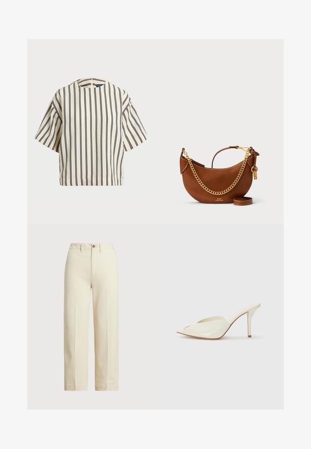 Krátký rukáv, pruhované tričko ve krémové a námořnické barvě, s kulatým výstřihem a širokým střihem z texturovaného materiálu.; Béžové kalhoty vyrobené z bavlny, s rovnými nohavicemi, jedním knoflíkem na zapínání a viditelnými předními záhyby. Čistý lem a žádné vzory.; Bílé patentní kožené otevřené sandály s ostrým designem, štíhlým vysokým podpatkem a hladkou texturou; minimalistický styl s jemnými švy.; Hnědá kožená kabelka s zakřiveným designem, zlatým řetízkem, vnitřní kapsou a odnímatelným ramenním popruhem. Obsahuje kontrastní prošívání.