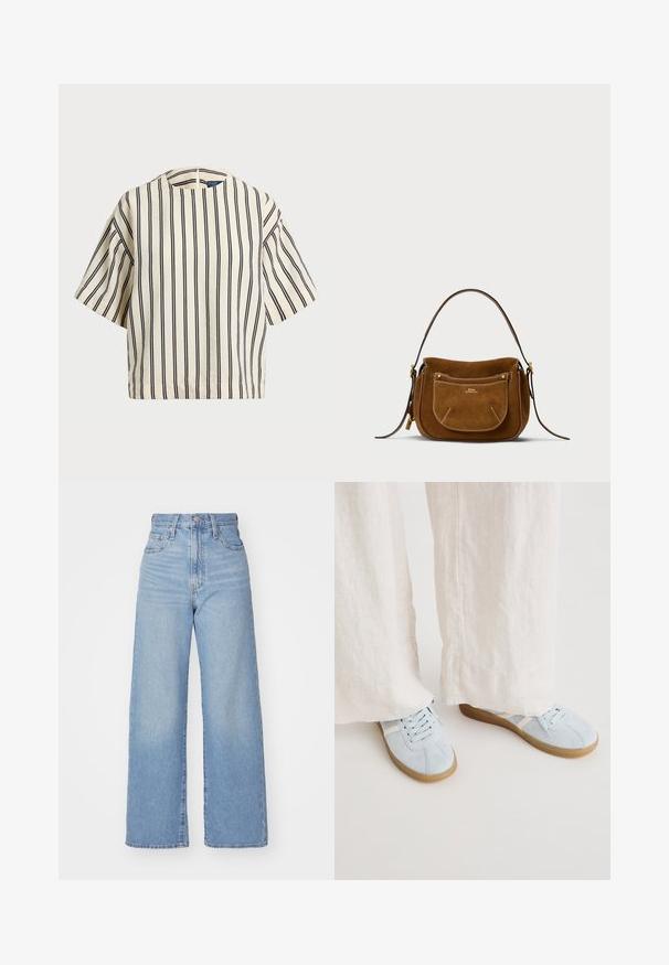 Kurzärmliges, gestreiftes Oberteil in Creme und Marineblau, mit rundem Halsausschnitt und kastiger Form aus strukturiertem Stoff.; Hellblaue High-Waist-Weite-Leg-Jeans mit Knopf- und Reißverschluss vorne, Vorder- und Rückentaschen, auf weißem Hintergrund.; Hellblaue Wildleder-Sneaker mit weißen Akzenten, runder Spitze und flacher Gummisohle, kombiniert mit cremefarbenen, weiten Leinenhosen.; Schultertasche aus Wildleder in Braun mit geschwungener Form, kontrastierenden Nähten, goldfarbenen Hardware-Akzenten und einer mit Reißverschluss versehenen Fronttasche.