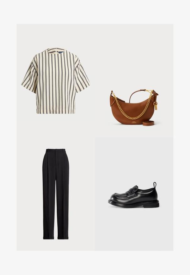 Krótki rękaw, paskowana bluzka w kolorze kremowym i granatowym, z okrągłym dekoltem i pudełkowym krojem, wykonana z fakturowanej tkaniny.; Czarne dopasowane spodnie z wysokim stanem, z kantami z przodu, prostą nogawką i mankietem na dole. Wykonane z gładkiego materiału.; Czarna skórzana mokasyna z paskiem wzdłuż góry, okrągłym noskiem, niskim obcasem i pętelką z tyłu na jednolitym tle.; Brązowa skórzana torebka o zaokrąglonym kształcie, z złotym łańcuszkiem, wewnętrzną kieszenią oraz odczepianym paskiem na ramię. Posiada kontrastowe przeszycia.