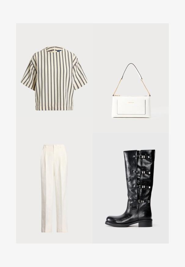 T-shirt à manches courtes, rayé crème et marine, présentant un col rond et un design boxy avec un tissu texturé.; Polo Ralph Lauren HEMP WIDE LEG PANT - Pantalon classique - nevis; Bottines en cuir noir, hauteur genou, avec un bout arrondi, présentant trois accents de sangle avec des boucles en métal et un petit talon carré. Texture lisse.; Sac à main en cuir blanc avec un fini texturé, doté d'une bandoulière en chaîne dorée et d'accents noirs. Comprend une poche avant et une fermeture éclair.