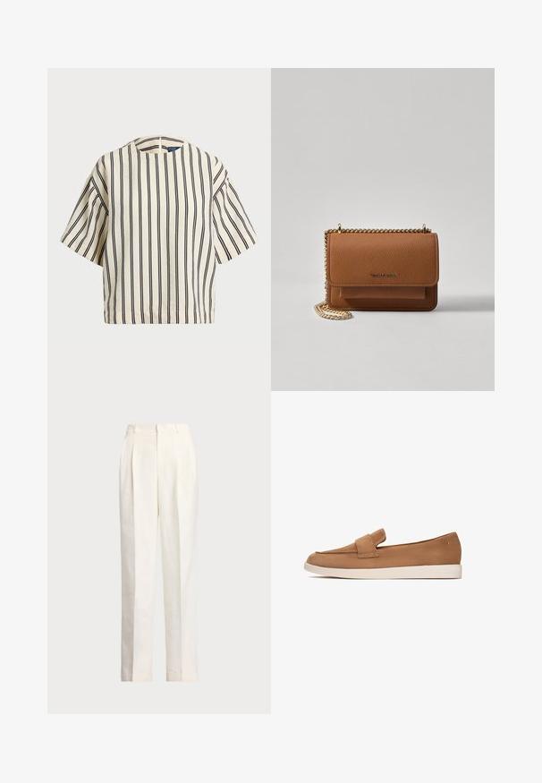 Cămașă cu mâneci scurte, cu dungi în nuanțe de crem și bleumarin, având un decolteu rotund și un design dreptunghiular dintr-un material texturat.; Polo Ralph Lauren HEMP WIDE LEG PANT - Pantaloni - nevis; Pantof brown din suede, cu talpă plată, având un detaliu lat pe partea din față și un design neted, minimalist.; Geantă crossbody din piele texturată maro, cu curea din lanț aurit și închidere cu clapetă. Partea din față prezintă detalii cu logo și o buzunar sub clapetă.