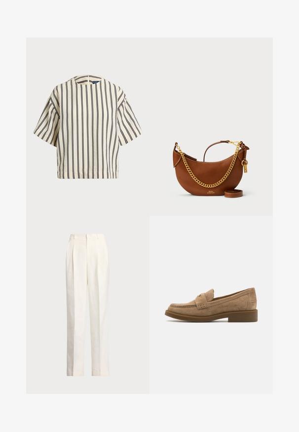 Kreemjas ja tumesinises triibuline lühikeste varrukatega top, millel on ümmargune kaelus ja kastmine disain, valmistatud tekstuurses kangas.; Polo Ralph Lauren HEMP WIDE LEG PANT - Püksid - nevis; Kreemi suede'i loafersid, millel on ümardatud varvas, dekoratiivne õmblemine ja madal, paks kummist konts, mis tagab parema haarde ja mugavuse.; Pruun nahast käekott kaarjate joontega, kullast ketirihm, sisemine tasku ja eemaldatav õlarihm. Omab kontrastset õmblust.