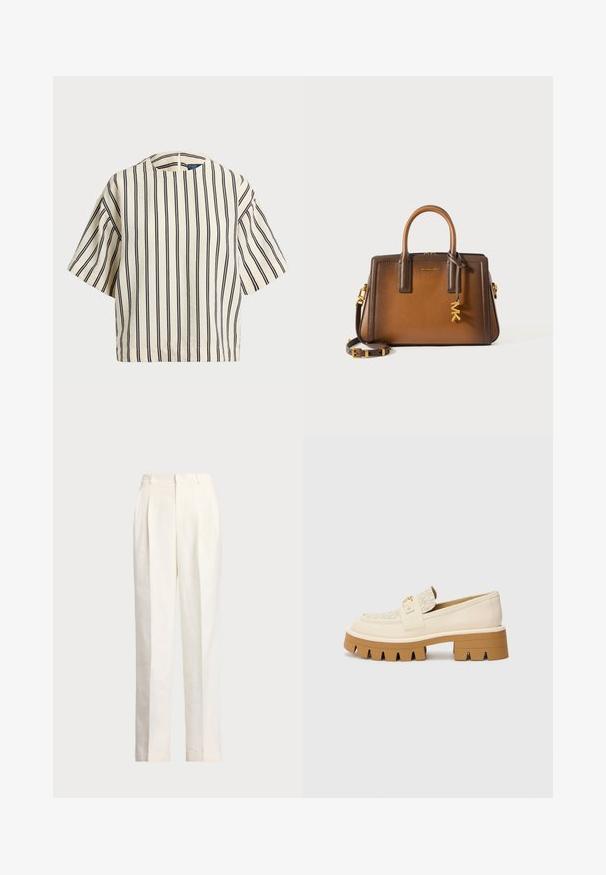Krátky rukáv, pruhovaný top v krémovej a námorníckej modrej farbe, s okrúhlym výstrihom a štvorcovým strihom z texturovanej tkaniny.; Polo Ralph Lauren HEMP WIDE LEG PANT - Nohavice - nevis; Beige mokasíny s textúrovaným krémovým popruhom, s masívnou hnedou podrážkou s tvarmi podobnými zubom. Zlatý akcent na detaile s prackou.; Hnedá kožená kabelka s dvojitými hornými uchami, odnímateľným ramenným popruhom, zlatými kovovými doplnkami a ozdobným príveskom s písmenami "MK."