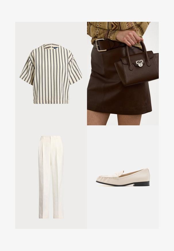 Kortærmet, stribet top i creme og marineblå, med rund halsudskæring og boxy design i et tekstureret stof.; Polo Ralph Lauren HEMP WIDE LEG PANT - Bukser - nevis; MICHAEL Michael Kors CARLSON LOAFER - Loafers - light cream; Brun læderhåndtaske med en struktureret overflade og sølvhardware, holdt i hånden ved siden af en brun lædernederdel og en mønstret sweater.