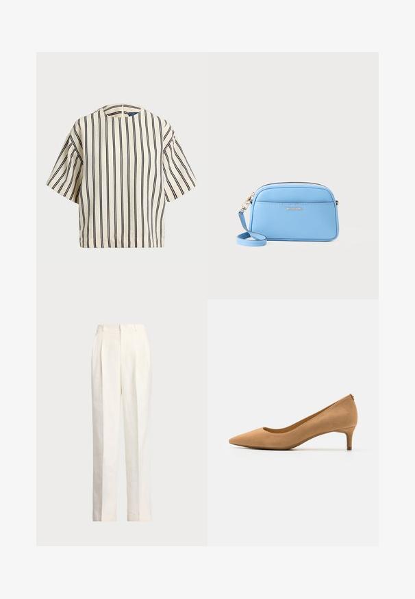 Top a maniche corte a righe in crema e blu navy, con scollatura rotonda e design squadrato, realizzato in un tessuto texturizzato.; Polo Ralph Lauren HEMP WIDE LEG PANT - Pantaloni - nevis; Scarpa con tacco alto a punta in suede color cammello, con tacco basso e superficie liscia. Silhouette classica con un leggero dettaglio sul retro.; Borsa a tracolla in pelle azzurro chiaro con dettagli in metallo oro, chiusura con zip e tasca frontale. Presenta un tracolla regolabile per maggiore comodità.