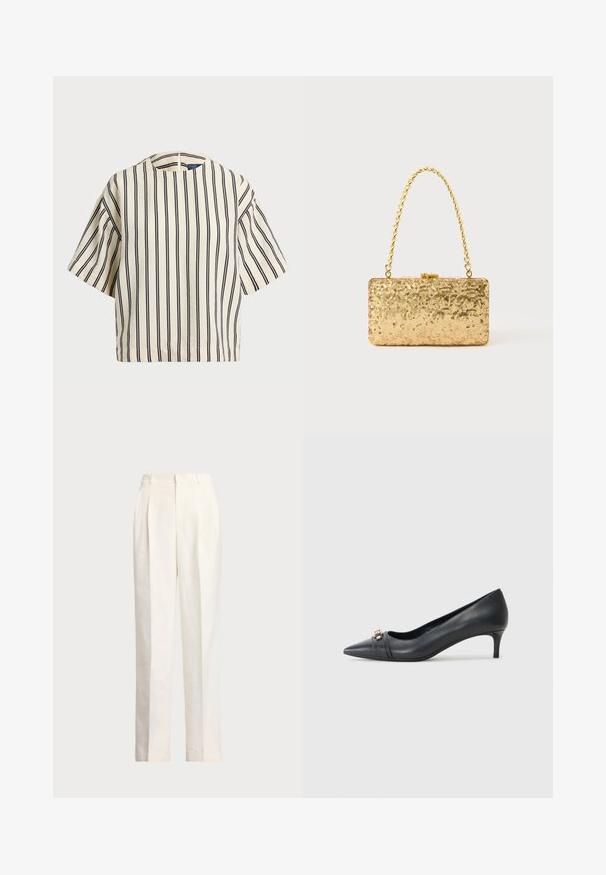 Kratki rukavi, prugasti top u krem i tamnoplavoj boji, sa okruglim izrezom i kutijastim dizajnom od teksturirane tkanine.; Polo Ralph Lauren HEMP WIDE LEG PANT - Hlače - nevis; Cipele na visoku petu od crne kože s uskim vrhom i niskom petom, s teksturiranim trakama i metalnim akcentom sprijeda. Glatka površina i elegantan dizajn.; Zlatna šljokasta torbica u pravokutnom obliku, s uvrnutom lancem kao drškom i metalnim kopčanjem, koja odražava svjetlost s teksturiranim završetkom.