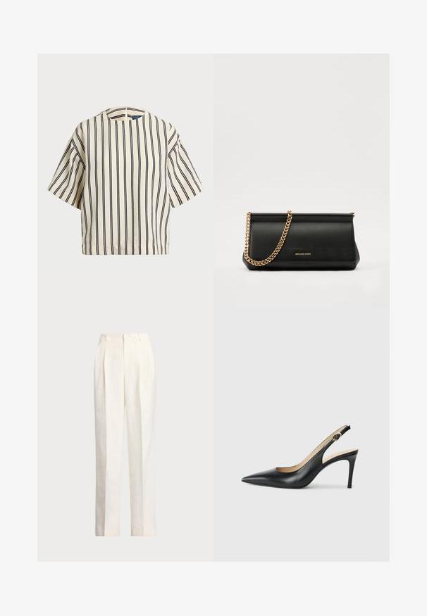 Kratki rukavi, prugasti top u krem i tamnoplavoj boji, sa okruglim izrezom i kutijastim dizajnom od teksturirane tkanine.; Polo Ralph Lauren HEMP WIDE LEG PANT - Hlače - nevis; Crne kožne slingback visoke potpetice s šiljastim nosom, podesivim trakama i elegantnim stiletto potpeticama, s glatkom završnom obradom.; Crna kožna torbica sa zlatnim lančićem, koja se odlikuje glatkom teksturom, pravokutnim oblikom i utisnutim brendom na prednjoj strani.; Crna kožna torbica sa zlatnim lančićem, koja se odlikuje glatkom teksturom, pravokutnim oblikom i utisnutim brendom na prednjoj strani.
