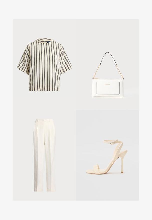 Krátký rukáv, pruhované tričko ve krémové a námořnické barvě, s kulatým výstřihem a širokým střihem z texturovaného materiálu.; Polo Ralph Lauren HEMP WIDE LEG PANT - Kalhoty - nevis; Béžové sandály na vysokém podpatku s jemným kotníkovým páskem a čtveratou špičkou. Hladký syntetický materiál, minimalistický design a lodičkový podpatek.; Bílá kožená kabelka s texturovaným povrchem, zdobená zlatým řetízkem a černými akcenty. Obsahuje přední kapsu a uzavírání na zip.