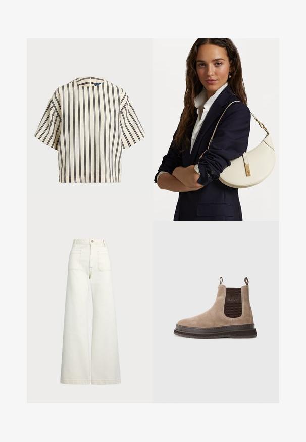 Kurzärmliges, gestreiftes Oberteil in Creme und Marineblau, mit rundem Halsausschnitt und kastiger Form aus strukturiertem Stoff.; Weite Jeans aus off-white Denim. Hoch tailliertes Design mit Knopfverschluss, zwei Fronttaschen und kontrastierenden Stickdetails.; Beige Wildleder-Ankle-Chelsea-Boot mit dunkelbraunem elastischen Seitenpanel und Zugschlaufen, mit "GANT"-Logo und dicker Gummisohle.; Weißes Lederhandtasche mit geschwungener Form, goldenen Beschlägen und strukturiertem Finish, getragen über einem dunklen Blazer und einem weißen Hemd.