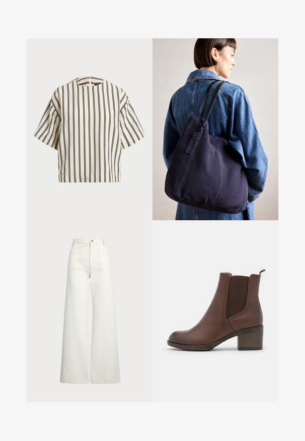 T-shirt à manches courtes, rayé crème et marine, présentant un col rond et un design boxy avec un tissu texturé.; Jeans large en denim écru. Design taille haute avec une fermeture à bouton, deux poches avant et des détails de surpiqûres contrastantes.; Bottine en cuir marron, avec une finition lisse, des panneaux latéraux élastiques, un bout arrondi et un talon en bois modéré.; Sac à épaule en toile navy avec une forme douce et structurée, doté d'une sangle noire, de détails cousus et d'une petite étiquette de marque.