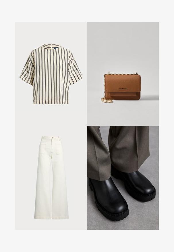 Kratek rokav, prugast top v kremni in mornarsko modri barvi, z okroglim izrezom in kvadratnim dizajnom ter teksturirano tkanino.; Široke jeans hlače v off-white denim tkanini. Visok pas z gumbnim zapiranjem, dvema sprednjima žepoma in detajli kontrastnega šivanja.; Črne usnjene čevlje z debelim gumijastim podplatom, z gladko teksturo in zaobljenim prstom, v kombinaciji z ohlapnimi olivnimi hlačami.; Rjava teksturirana usnjena torba čez ramo z zlatim verižnim trakom in zapiranjem na pokrov. Spredaj je vidna podrobnost logotipa in žep pod pokrovom.