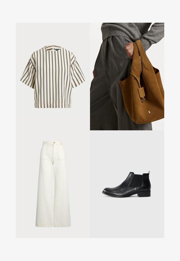 T-shirt à manches courtes, rayé crème et marine, présentant un col rond et un design boxy avec un tissu texturé.; Jeans large en denim écru. Design taille haute avec une fermeture à bouton, deux poches avant et des détails de surpiqûres contrastantes.; Bottine Chelsea en cuir noir avec des panneaux élastiques sur les côtés, bout arrondi, une languette à l'arrière et un petit talon carré. Texture lisse.; Sac fourre-tout en daim marron avec une forme arrondie, deux poignées et un accent en métal. Présente un petit logo sur le devant.