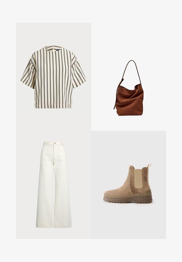 Krátký rukáv, pruhované tričko ve krémové a námořnické barvě, s kulatým výstřihem a širokým střihem z texturovaného materiálu.; Džíny s širokými nohavicemi v off-white denim. Vysoký pas s knoflíkovým zapínáním, dvě přední kapsy a detaily kontrastního šití.; Hnědé nubukové Chelsea boty s elastickými bočními panely, poutkem, gumovou podrážkou a texturovaným povrchem, které mají zaoblenou špičku a robustní konstrukci.; Hnědá semišová kabelka přes rameno s měkkým, volným tvarem a jedním dlouhým popruhem, se subtílní, hladkou texturou a bez viditelného kovového kování.