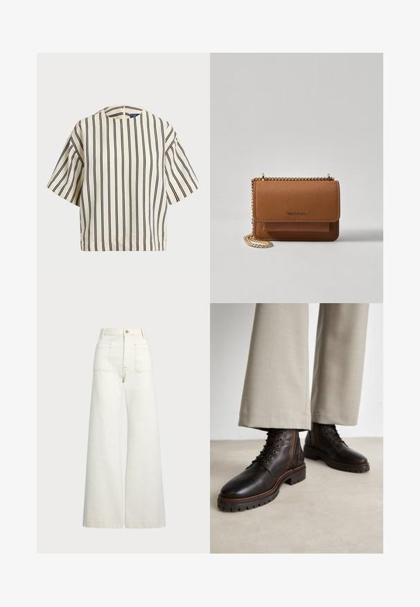 Kreemjas ja tumesinises triibuline lühikeste varrukatega top, millel on ümmargune kaelus ja kastmine disain, valmistatud tekstuurses kangas.; Laiad teksad heledast denimist. Kõrge vöökoht, nööbivöö, kaks esikotitäit ja kontrastsed õmblused.; Tumed pruunid nahast saapad tekstuurse viimistlusega, millel on nöörimise disain, ümmargune varvas ja robustne kummitald. Täiendatud kontrastsete õmblustega.; Pruun tekstureeritud nahk ristkeha kott kuldse ahelaga rihmaga ja klapiga sulgemine. Esiküljel on logo detail ja tasku klapi all.