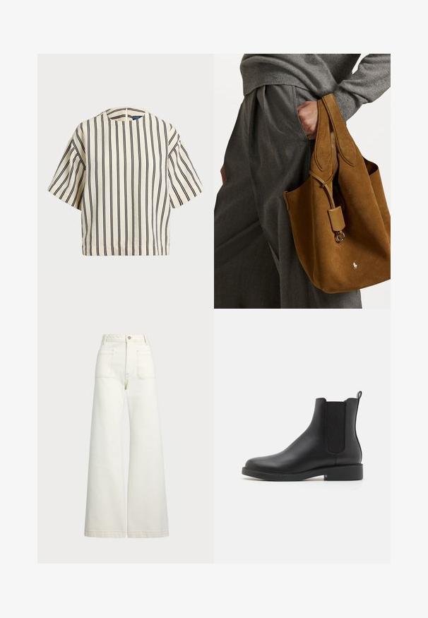 Short-sleeve, striped top in cream and navy, featuring a round neckline and boxy design with a textured fabric.; Wide-leg jeans in off-white denim. High-waisted design with a button closure, two front pockets, and contrast stitching details.; Black leather ankle boot with elastic side panels, rounded toe, low block heel, and a pull tab at the back for easy wear.; Brown suede tote bag with rounded shape, dual handles, and a metal hardware accent. Features a small logo on the front.