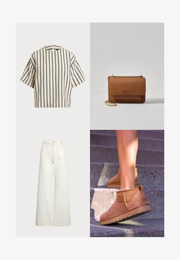 Kreminės ir tamsiai mėlynos juostelės trumpų rankovių marškinėliai, turi apvalų iškirpimą ir dėžutės tipo dizainą, pagaminti iš tekstūruotos medžiagos.; Plati kojinės džinsai of white denimo. Aukštas liemuo, su mygtuko uždarymu, dviem priekinėmis kišenėmis ir kontrastingai siuvinėjimu.; Samaniniai suknelės auliniai batai su minkšta tekstūra, siūlės detalėmis ir guminiu padu, su kilpiniu kulnu, kad būtų patogu užsivilkti.; Ruda tekstūruota odinė per petį nešama rankinė su auksiniu grandininiu dirželiu ir užlenkiamo užsegimo. Priekinėje pusėje yra logotipo detalė ir kišenė po užlenkimu.