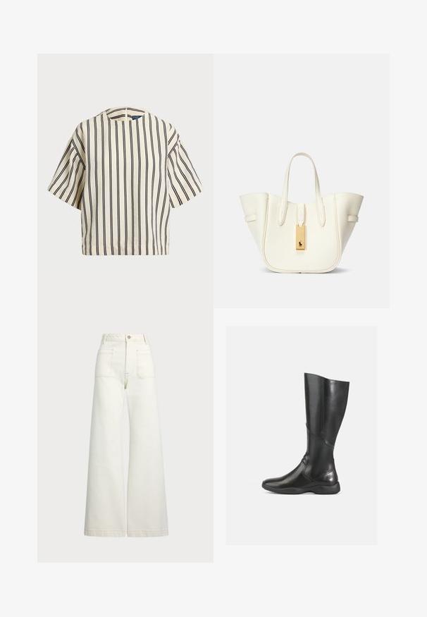 Κοντομάνικο, ριγέ τοπ σε κρέμα και ναυτικό, με στρογγυλή λαιμόκοψη και τετράγωνη γραμμή, φτιαγμένο από υφασμάτινη υφή.; Πλατύ πόδια τζιν σε εκρού τζιν. Σχεδίαση με ψηλή μέση, κλείσιμο με κουμπί, δύο μπροστινές τσέπες και λεπτομέρειες με αντίθεση ραφής.; Μαύρη δερμάτινη μπότα μέχρι το γόνατο με λεία επιφάνεια, στρογγυλή μύτη και μαλακή σόλα. Διαθέτει σύγχρονη σιλουέτα και ελάχιστα διακοσμητικά ραφές.; Λευκή δερμάτινη τσάντα tote με δομημένο σχήμα, έντονη ραφή, χρυσό μεταλλικό ετικέτα και διπλές λαβές. Υφή επιφάνειας με πλάγιες τσέπες.