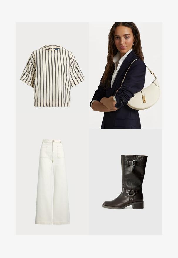Kratek rokav, prugast top v kremni in mornarsko modri barvi, z okroglim izrezom in kvadratnim dizajnom ter teksturirano tkanino.; Široke jeans hlače v off-white denim tkanini. Visok pas z gumbnim zapiranjem, dvema sprednjima žepoma in detajli kontrastnega šivanja.; Rjav usnjen čizmi do kolen z zaobljenim nosom, stransko zaponko in debelim petom. Gladka tekstura z metalnimi detajli na traku.; Bela usnjena torbica s ukrivljeno obliko, z zlatimi dodatki in teksturirano površino, nošena čez temen blazer in belo srajco.