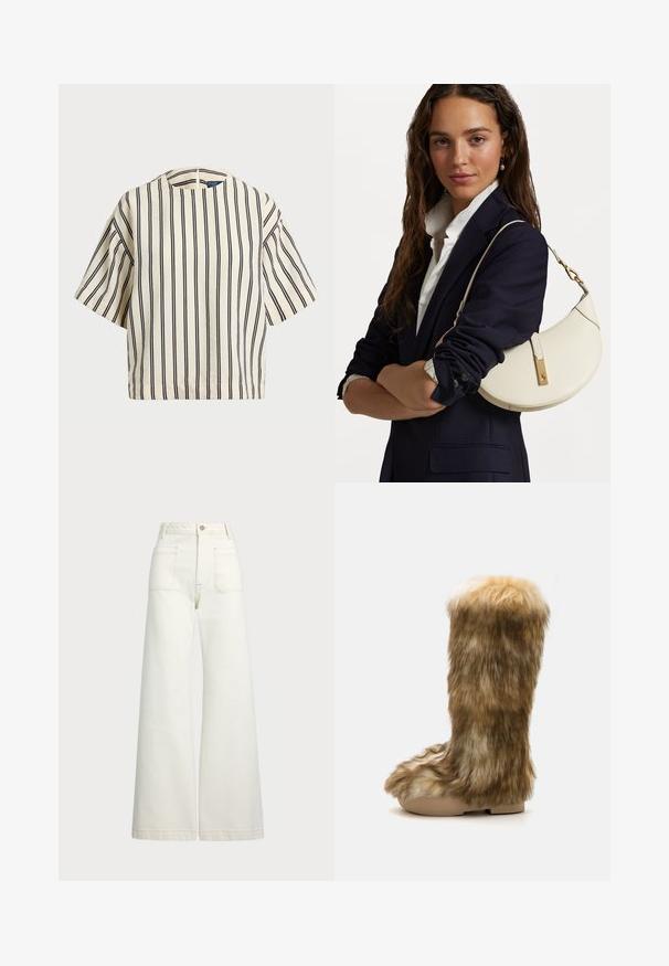 Krátký rukáv, pruhované tričko ve krémové a námořnické barvě, s kulatým výstřihem a širokým střihem z texturovaného materiálu.; Džíny s širokými nohavicemi v off-white denim. Vysoký pas s knoflíkovým zapínáním, dvě přední kapsy a detaily kontrastního šití.; Vysoké boty s kožešinovým podšívkou v kombinaci krémové a hnědé barvy, s kulatou špičkou a plochou podrážkou, které se vyznačují měkkým, strukturovaným povrchem.; Bílá kožená kabelka zakřiveného tvaru, se zlatými doplňky a texturovaným povrchem, nošená přes tmavý blazer a bílou košili.
