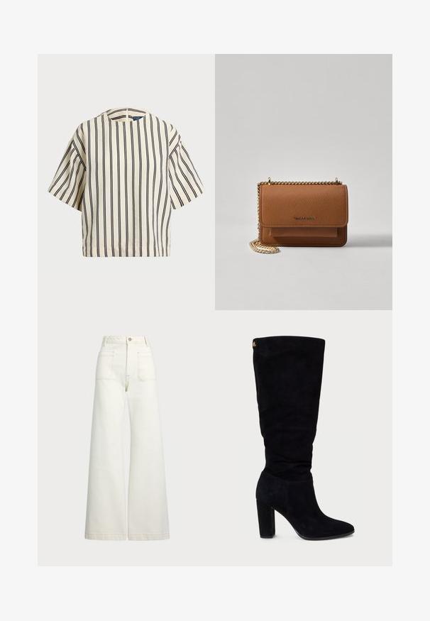 Kreemjas ja tumesinises triibuline lühikeste varrukatega top, millel on ümmargune kaelus ja kastmine disain, valmistatud tekstuurses kangas.; Laiad teksad heledast denimist. Kõrge vöökoht, nööbivöö, kaks esikotitäit ja kontrastsed õmblused.; Mustmust toode kuni põlveni, millel on paksem konts ja terav piht, ning ülaosas on gathered tekstuur. Küljel on kuldne aksent.; Pruun tekstureeritud nahk ristkeha kott kuldse ahelaga rihmaga ja klapiga sulgemine. Esiküljel on logo detail ja tasku klapi all.