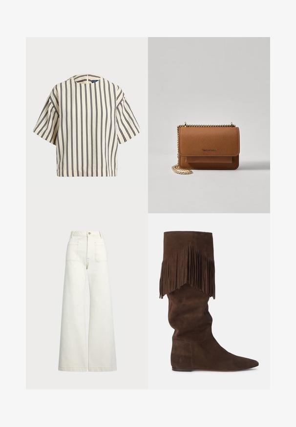 Cămașă cu mâneci scurte, cu dungi în nuanțe de crem și bleumarin, având un decolteu rotund și un design dreptunghiular dintr-un material texturat.; Jeans cu picioare late din denim alb-crem. Design cu talie înaltă, cu închidere prin nasture, două buzunare frontale și detalii cu cusături contrastante.; Cizme din suede maro, până la genunchi, cu un design lejer, având franjuri lungi în partea superioară și vârf ascuțit. Talpă plată cu detalii subtile de cusătură.; Geantă crossbody din piele texturată maro, cu curea din lanț aurit și închidere cu clapetă. Partea din față prezintă detalii cu logo și o buzunar sub clapetă.