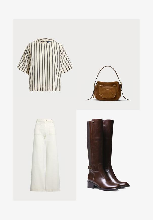 Krótki rękaw, paskowana bluzka w kolorze kremowym i granatowym, z okrągłym dekoltem i pudełkowym krojem, wykonana z fakturowanej tkaniny.; Spodnie dżinsowe o szerokich nogawkach w odcieniu off-white. Wysoki stan z zapięciem na guzik, dwiema kieszeniami z przodu i detalami z kontrastowym przeszyciem.; Brązowe skórzane botki sięgające za kolano o gładkim wykończeniu, kontrastującym panelu z materiału, z detalem klamry w okolicy kostki oraz niskim blokowym obcasem.; Brązowa torebka na ramię z zamszu o zaokrąglonym kształcie, kontrastowym przeszyciem, złotymi akcentami metalowymi oraz zapinaną na zamek kieszenią z przodu.