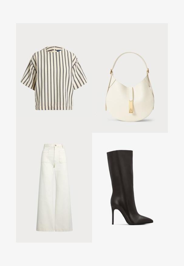 Rövid ujjú, csíkos felső krém és tengerészkék színben, kerek nyakkivágással és dobozos fazonnal, texturált anyagból.; Széles szárú farmernadrág off-white denim anyagból. Magas derekú dizájn, gombos záródással, két elülső zsebbel és kontrasztos varrási részletekkel.; Fekete bőrből készült, térd fölé érő csizma, hegyes orral és tűsarkúval. Simább textúrával és minimalista dizájnnal rendelkezik.; Krém színű bőrtáska, ívelt formával, felül nyitható zárófedéllel, arany színű fém kiegészítőkkel és texturált felülettel.