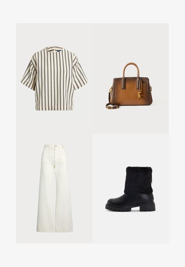 Kratki rukavi, prugasti top u krem i tamnoplavoj boji, sa okruglim izrezom i kutijastim dizajnom od teksturirane tkanine.; Široke traperice u boji krem-paleža. Visoki struk s kopčanjem na dugme, dva prednja džepa i kontrastni šavovi.; Crne gležnjače s glatkom kožnom podlogom i strukturiranim umakom od umjetne krzna. Čvrsti, rebrasti gumeni potplat za bolje prianjanje.; Smeđa kožna torba s dvostrukim naramenicama, odvojivim rame-strapom, zlatnim dodacima i dekorativnim privjeskom s slovima "MK".