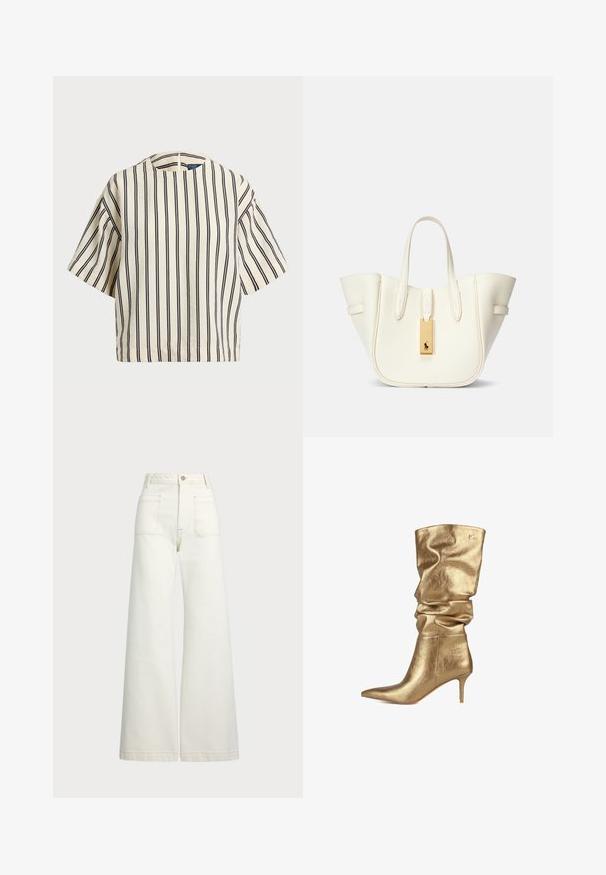 Krátky rukáv, pruhovaný top v krémovej a námorníckej modrej farbe, s okrúhlym výstrihom a štvorcovým strihom z texturovanej tkaniny.; Džínsy s širšími nohavicami v off-white denim. Vysoký pás s gombíkovým zapínaním, dve predné vrecká a kontrastné švy.; LOLA CASADEMUNT Čižmy - gold; Biela kožená kabelka s pevnou štruktúrou, výrazným prešívaním, zlatým kovovým štítkom a dvojitými uchami. Textúrovaný povrch s bočnými vreckami.
