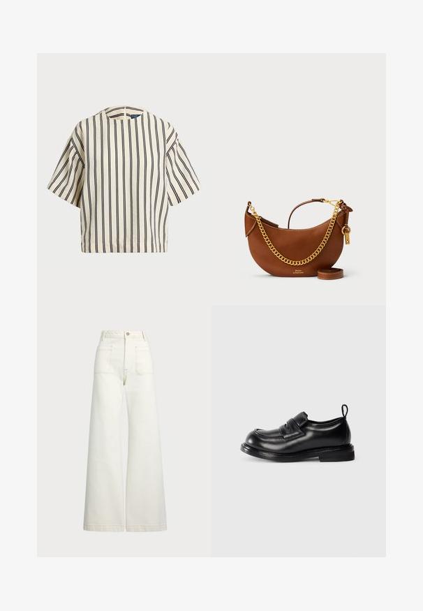 Short-sleeve, striped top in cream and navy, featuring a round neckline and boxy design with a textured fabric.; Wide-leg jeans in off-white denim. High-waisted design with a button closure, two front pockets, and contrast stitching details.; Black leather loafer with a strap across the top, rounded toe, low heel, and a pull tab on the back against a plain background.; Brown leather handbag with a curved design, gold chain strap, interior pocket, and a detachable shoulder strap. Features contrasting stitching.