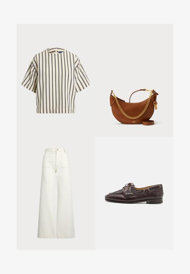 T-shirt à manches courtes, rayé crème et marine, présentant un col rond et un design boxy avec un tissu texturé.; Jeans large en denim écru. Design taille haute avec une fermeture à bouton, deux poches avant et des détails de surpiqûres contrastantes.; Mocassins en cuir marron avec un design structuré, œillets dorés et lacets. Caractérisés par un petit talon et des coutures détaillées le long de l'empeigne.; Sac à main en cuir brun avec un design courbé, une chaîne dorée, une poche intérieure et une bandoulière amovible. Présente des coutures contrastantes.