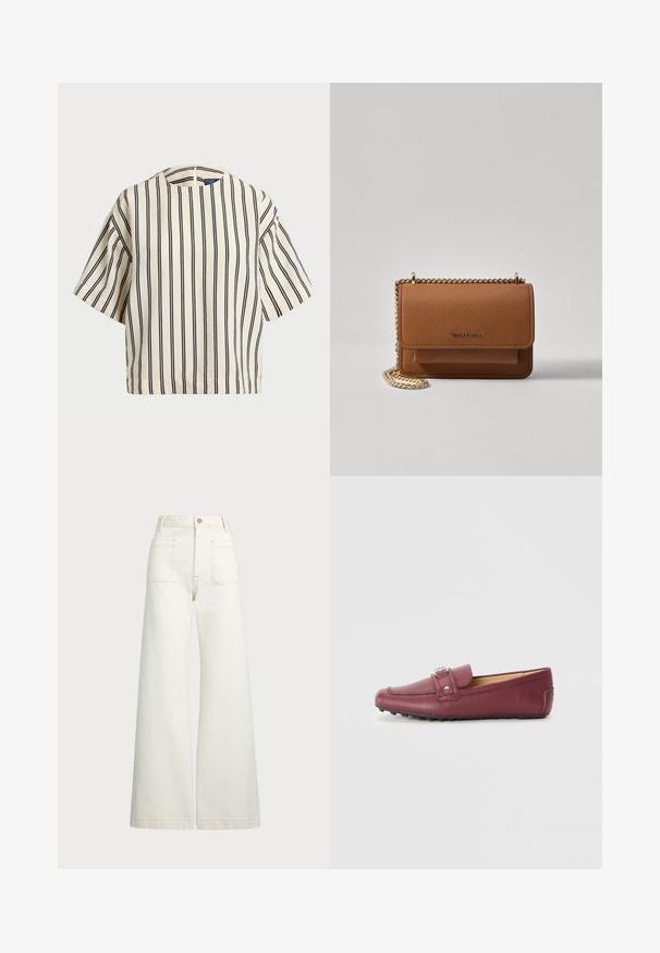 Top de manga curta, riscado em creme e azul marinho, com decote redondo e design boxy em tecido texturizado.; Jeans de perna larga em denim off-white. Design de cintura alta com fecho de botão, dois bolsos frontais e detalhes de costura em contraste.; Mocassins em couro bordô com bico redondo, tira decorativa, ferragens prateadas e sola de borracha texturizada para melhor aderência.; Bolsa crossbody de couro texturizado castanho com alça de corrente dourada e fecho com aba. A parte da frente apresenta detalhe do logótipo e um bolso sob a aba.