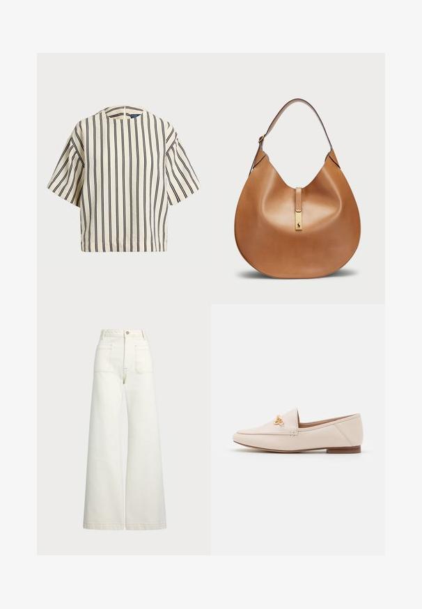 Korte mouwen, gestreepte top in crème en marineblauw, met een ronde halslijn en een boxy ontwerp van een textuurstof.; Wijd-zit jeans van off-white denim. Hooggaande taille met een knoopsluiting, twee voorzakken en contrasterende stikdetails.; Beige leren instappers met een slank design, spitse neus en gouden hardware accent. Lage bruine hak voor stabiliteit en comfort.; Tan leren handtas met een gebogen vorm en een brede schouderband. Heeft een gouden metalen accent in het midden en een gladde textuur.