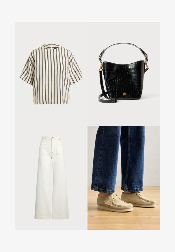 T-shirt à manches courtes, rayé crème et marine, présentant un col rond et un design boxy avec un tissu texturé.; Jeans large en denim écru. Design taille haute avec une fermeture à bouton, deux poches avant et des détails de surpiqûres contrastantes.; Chaussures en daim beige avec des orteils arrondis et un profil bas. Présentent un design à lacets et des accents cousus. Portées avec un jean bleu cropped.; Sac en cuir noir à motif crocodile, de forme courbée, avec des accents en métal doré, une bandoulière ajustable et un détail de logo à l'avant.