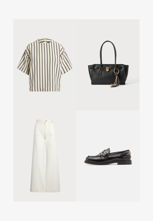 Krátký rukáv, pruhované tričko ve krémové a námořnické barvě, s kulatým výstřihem a širokým střihem z texturovaného materiálu.; Džíny s širokými nohavicemi v off-white denim. Vysoký pas s knoflíkovým zapínáním, dvě přední kapsy a detaily kontrastního šití.; sandro Polobotky - noir; Černá kožená kabelka s dvojitými uchy, zlatým zámkem a řetízkem, a černo-bílým třásňovým doplňkem na bílém pozadí.