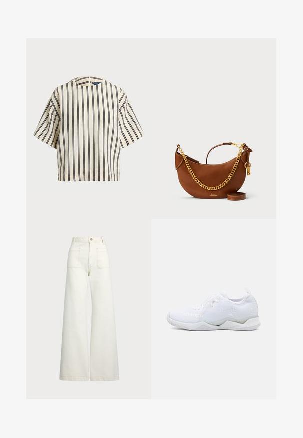 Short-sleeve, striped top in cream and navy, featuring a round neckline and boxy design with a textured fabric.; Wide-leg jeans in off-white denim. High-waisted design with a button closure, two front pockets, and contrast stitching details.; White athletic shoe with a textured knit upper, featuring a lightweight sole and subtle geometric accents. Brand name "Kempa" visible.; Brown leather handbag with a curved design, gold chain strap, interior pocket, and a detachable shoulder strap. Features contrasting stitching.