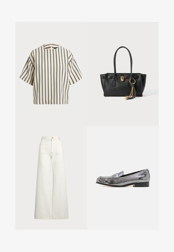 Top de manga corta a rayas en crema y azul marino, con cuello redondo y un diseño cuadrado, confeccionado en una tela texturizada.; Jeans de pierna ancha en denim color blanco roto. Diseño de cintura alta con cierre de botón, dos bolsillos frontales y detalles de costura en contraste.; Mocasín de cuero plateado metálico con un acabado texturizado, que presenta un detalle de flecos y un tacón bajo negro. Forma clásica y estilizada.; Bolso de cuero negro con doble asa, cierre dorado y detalles en cadena, y accesorio de borlas en blanco y negro, sobre fondo blanco.