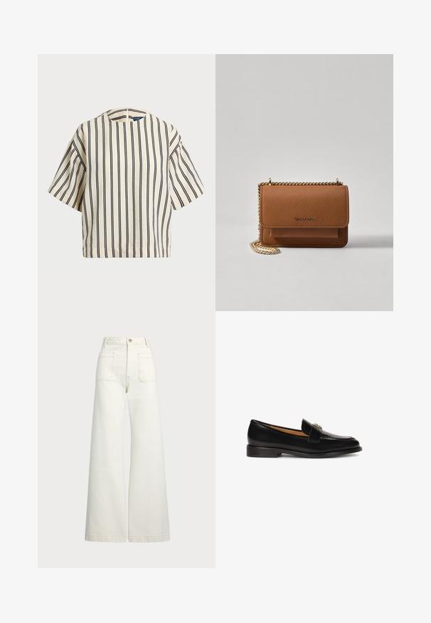 Kortærmet, stribet top i creme og marineblå, med rund halsudskæring og boxy design i et tekstureret stof.; Pæne brede jeans i off-white denim. Høj talje med knaplukning, to forlommer og detaljer med kontrastsyning.; Sort skind loafer med en afrundet tå, slank silhuet og en dekorativ rem med metaldetalje på forsiden. Flad gummisål.; Brun tekstureret læder crossover-taske med guldkæde-rem og klaplukning. Forsiden har logo-detalje og en lomme under klappen.