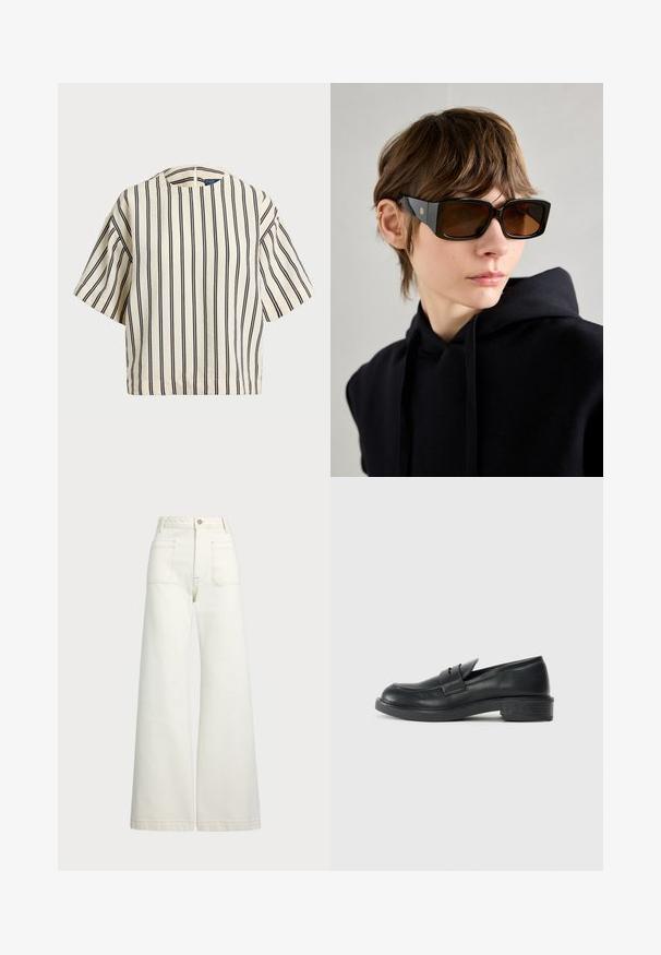 Kreemjas ja tumesinises triibuline lühikeste varrukatega top, millel on ümmargune kaelus ja kastmine disain, valmistatud tekstuurses kangas.; Laiad teksad heledast denimist. Kõrge vöökoht, nööbivöö, kaks esikotitäit ja kontrastsed õmblused.; Mustad nahast loafers ümarate varvastega, tikkimiste detailidega ja väikese kandiga. Sile pind ja paindlik kummist tald.; Mustad üledimensioneeritud päikeseprillid läikiva viimistlusega, ristkülikukujuline kuju, pruuni tooni läätsega ja kuldne logo detaili sagedatel.